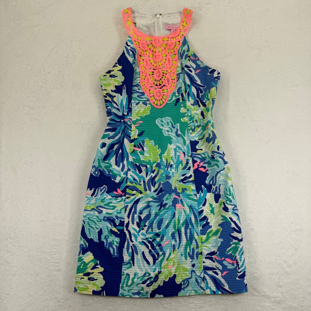 Lilly Pulitzer Pearl Shift Dress Size 00 Blue‎ Green Floral Cotton Sleeveless